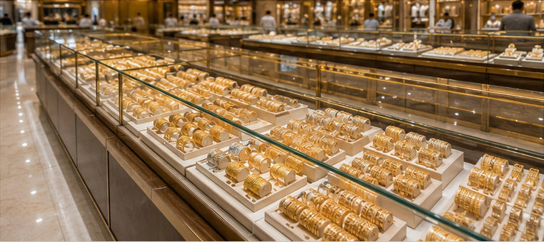 Full panoramic large gold retail interior layout