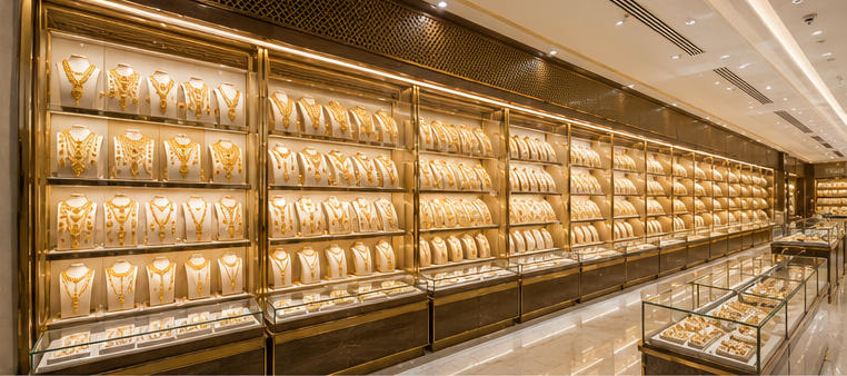 Marble gold counter for central open retail aisle