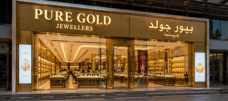 Gold wall vitrine for extra-long main gold display wall