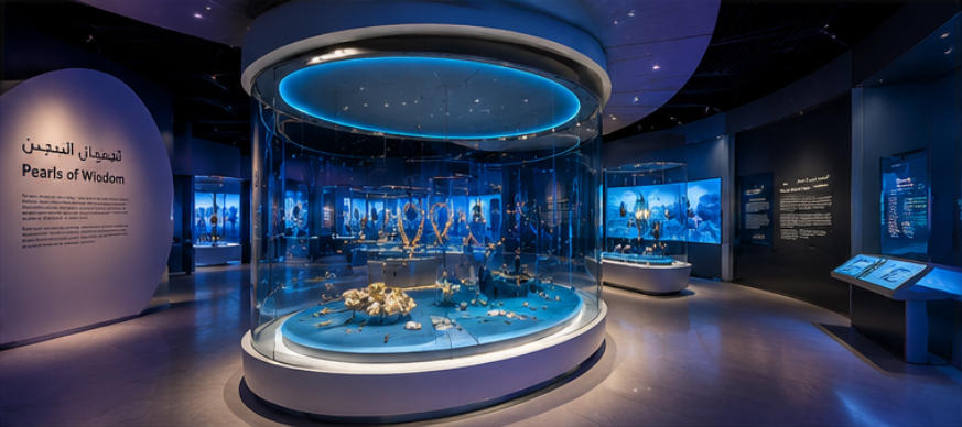 Curved pearl vitrines fitted with gradient blue ocean ambient lighting