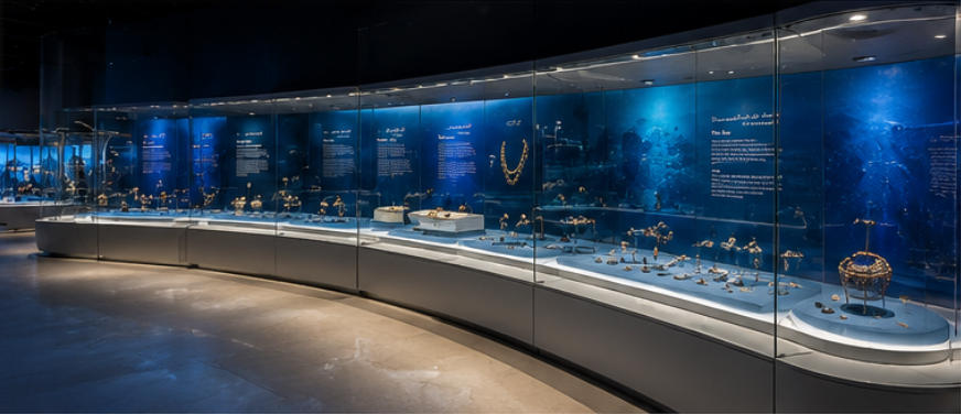 Polished white steel displays for marine cultural museum exhibition