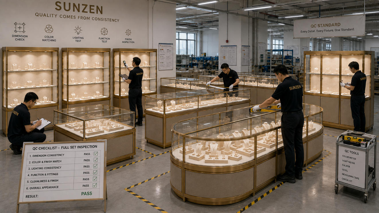 Quality control inspection of a complete jewelry store fixture set before delivery