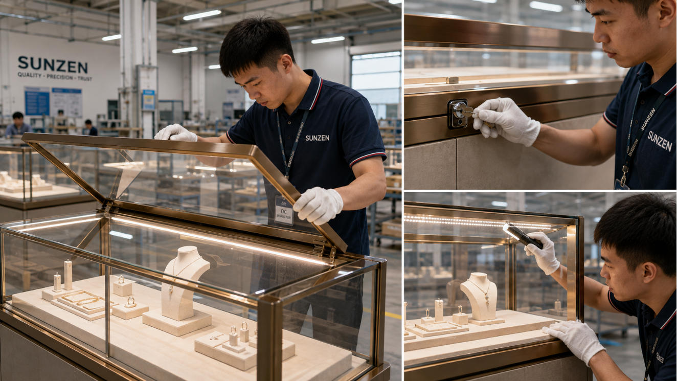 Quality control inspection inside a custom jewelry showcase factory