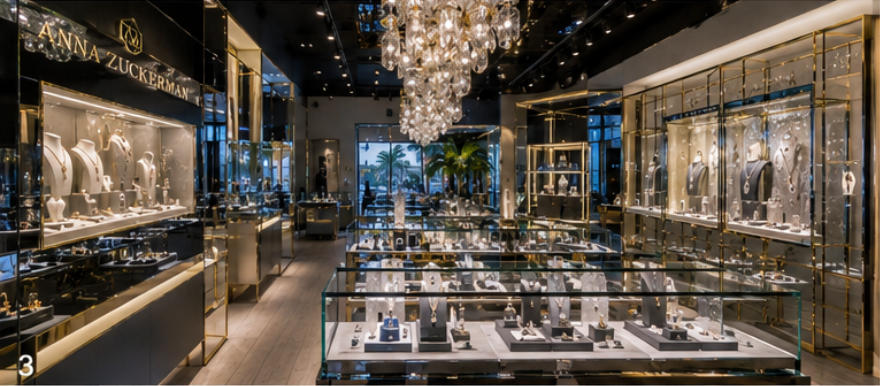Quartz crystal lighted vitrines matched with designer crystal chandeliers
