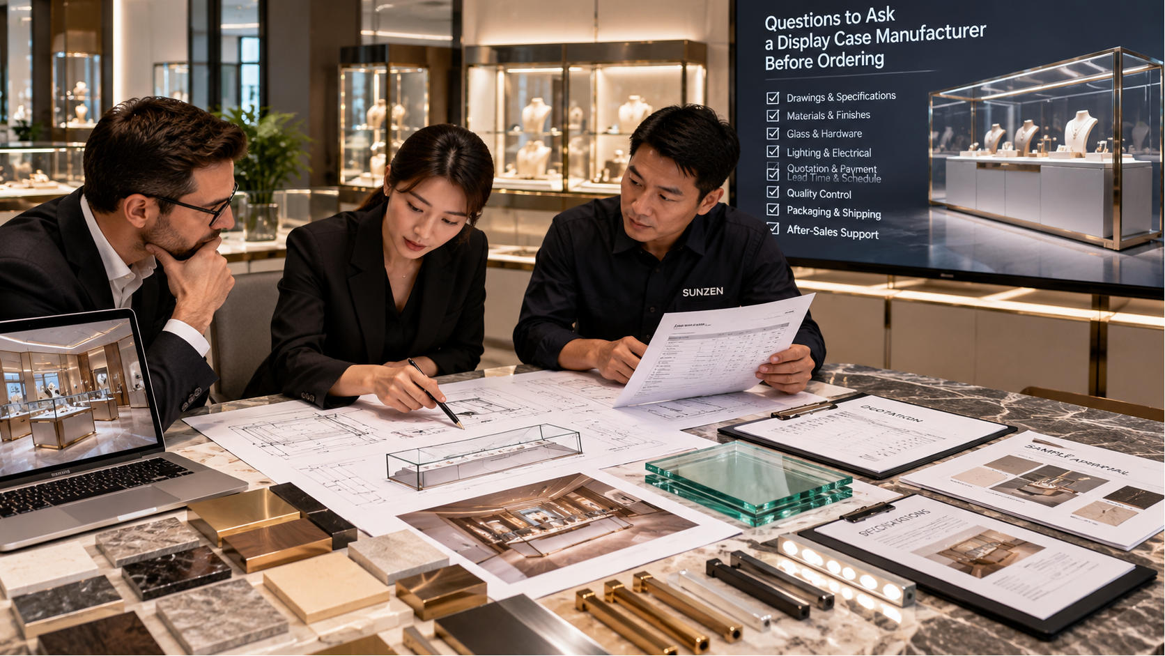 Procurement team reviewing questions specifications drawings and quotation with a display case manufacturer before ordering