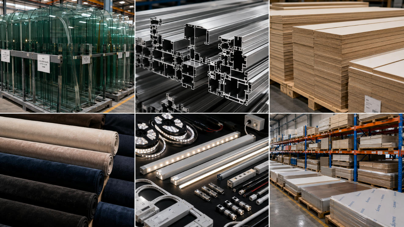 Jewelry showcase factory raw materials including glass metal wood velvet and LED lighting