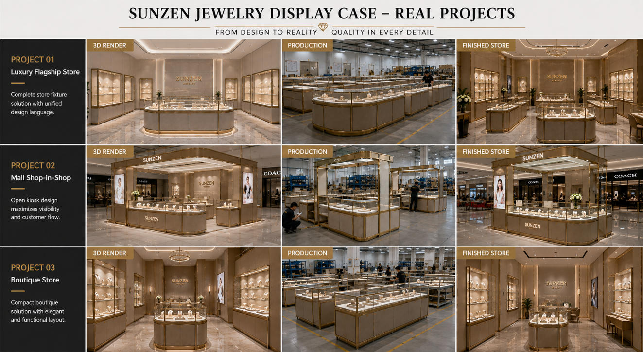 Completed jewelry store fixture projects showing coordinated showcases counters islands and wall displays