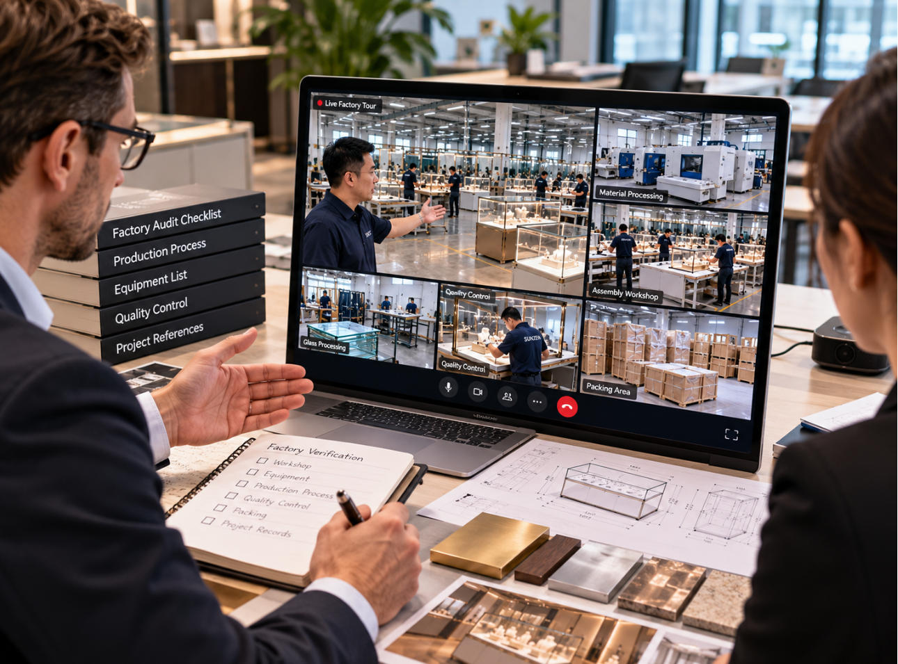 Remote live video audit of a display case factory showing workshop production workers assembly quality control and packing
