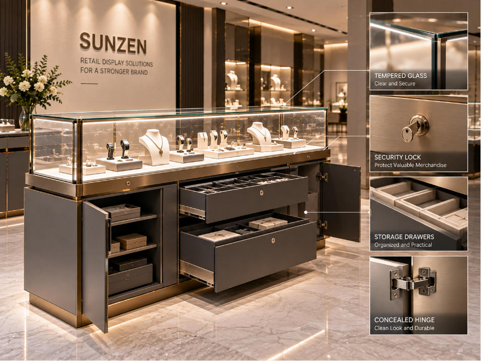 Retail display case with secure staff access concealed storage locks drawers doors and practical merchandising functions