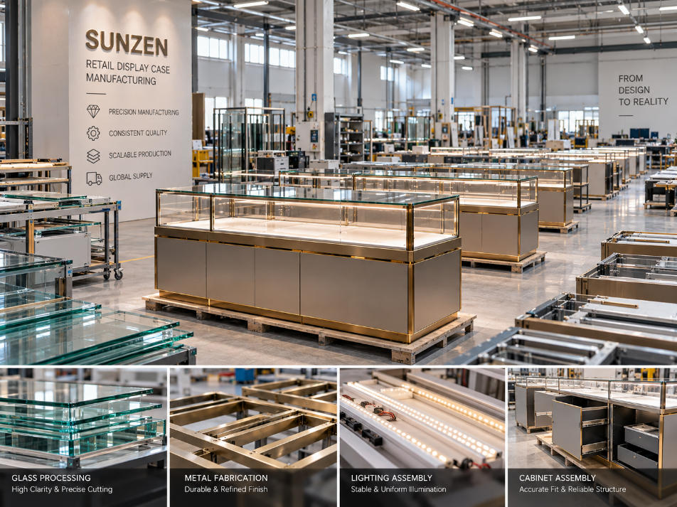 Commercial retail display case manufacturing coordinating durable glass cabinetry metalwork lighting hardware and repeated store requirements