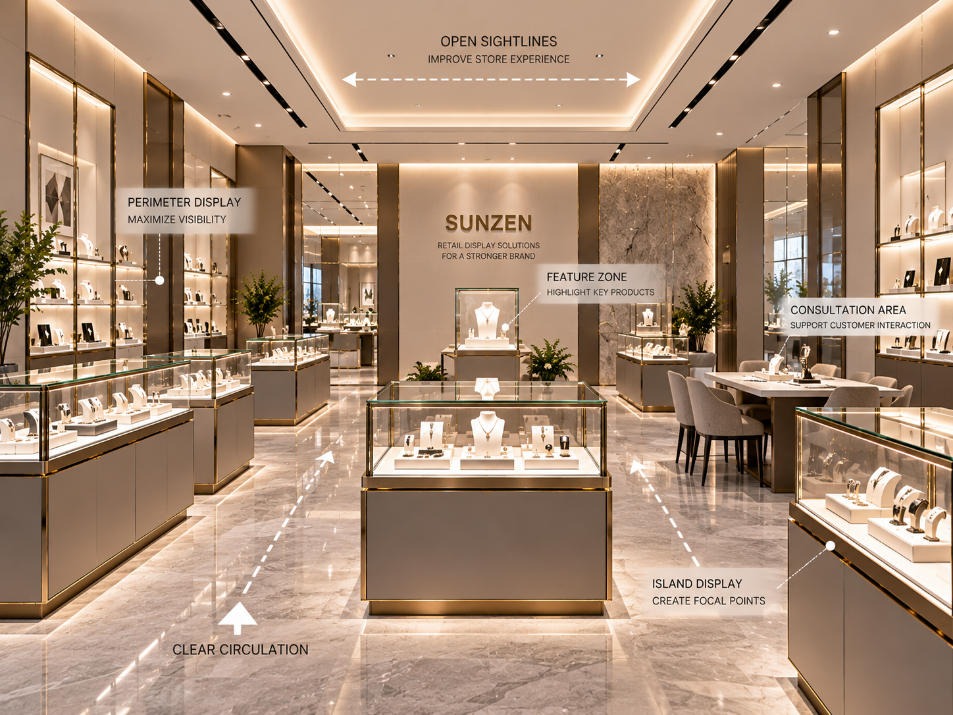Retail display case layout coordinating case heights merchandise visibility customer sightlines and circulation through a commercial store