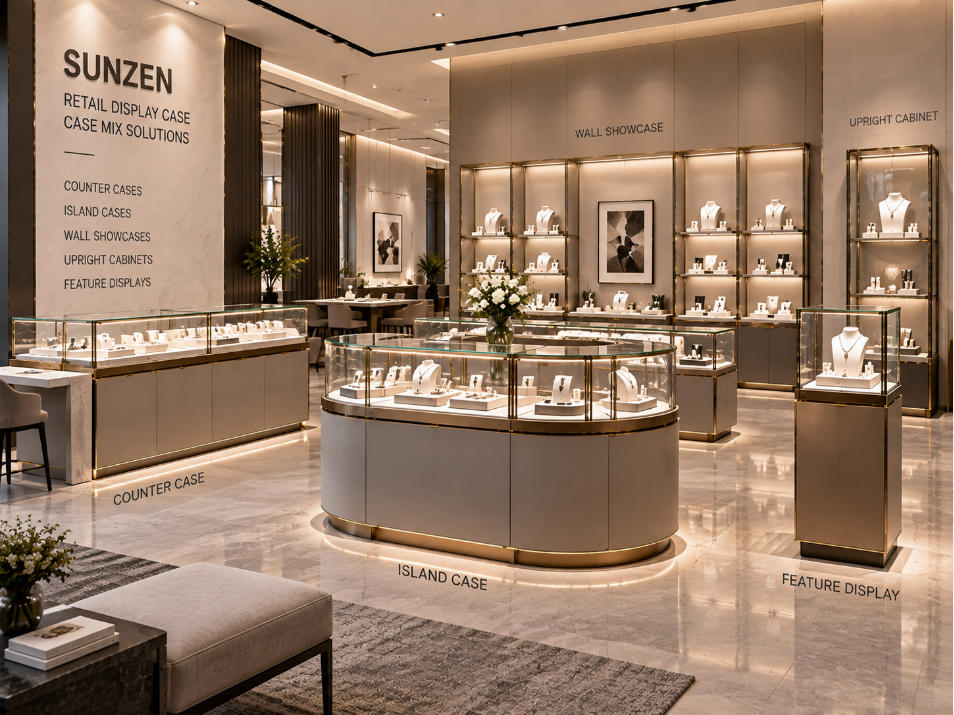 Custom retail display cases including counters islands wall cases upright cabinets and feature displays coordinated within one store