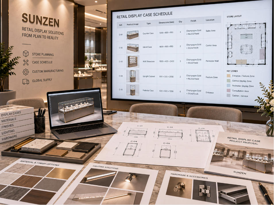 Retail display case supplier coordinating case references dimensions quantities merchandise functions materials lighting and store locations