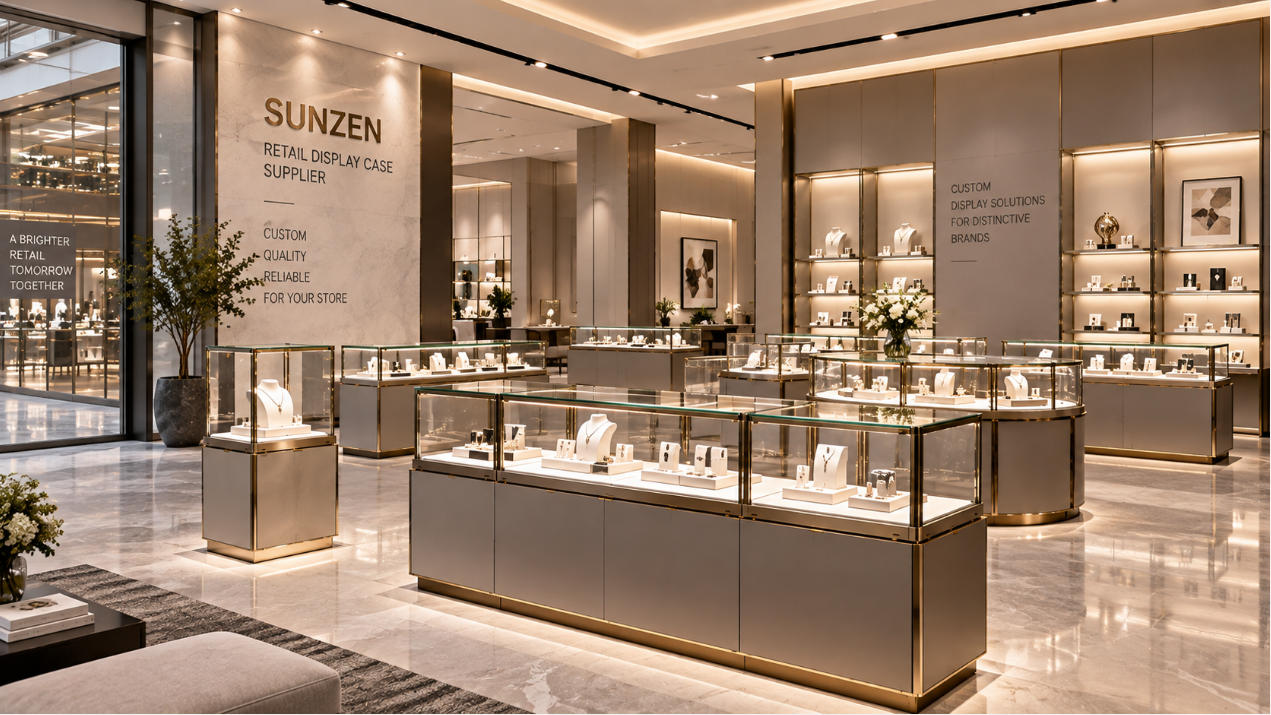 Retail display case supplier providing custom counters islands wall cases and glass displays for branded retail store projects