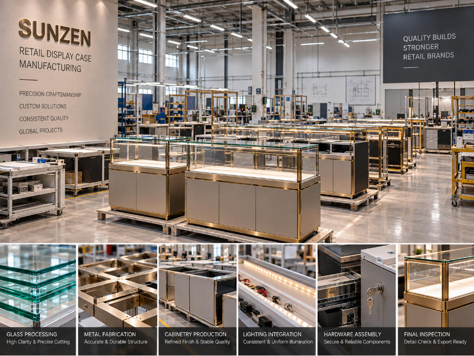 Retail display case manufacturing coordinating glass metal cabinetry lighting hardware assembly and finish standards for custom store projects
