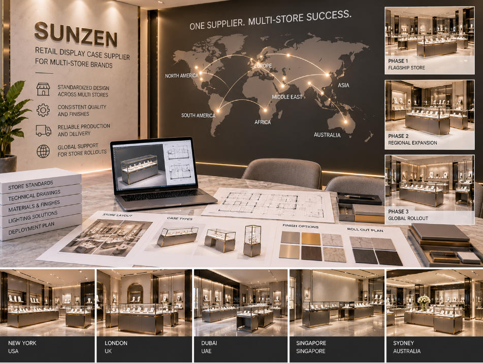Retail display case supplier coordinating standardized custom display cases across multiple branded store locations and rollout phases