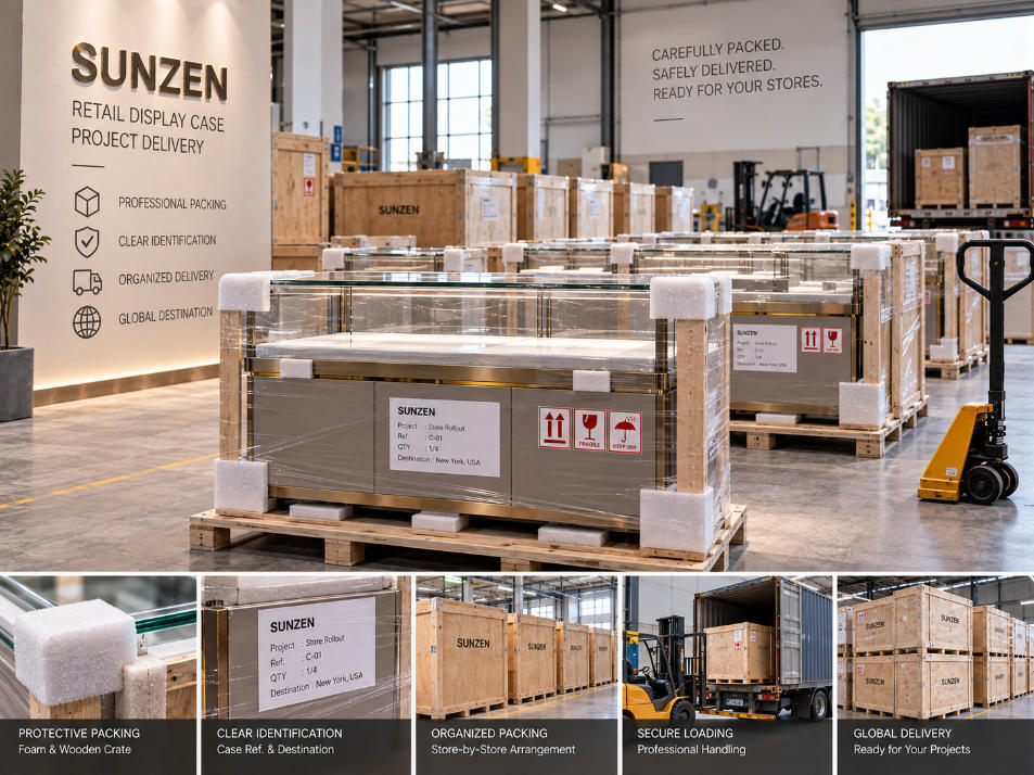 Custom retail display cases protected identified by case reference and prepared for organized store-specific packing and project delivery