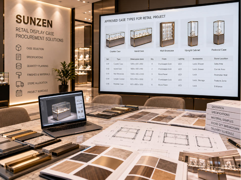 Retail display case supplier coordinating approved case types quantities specifications finishes and store-specific procurement packages