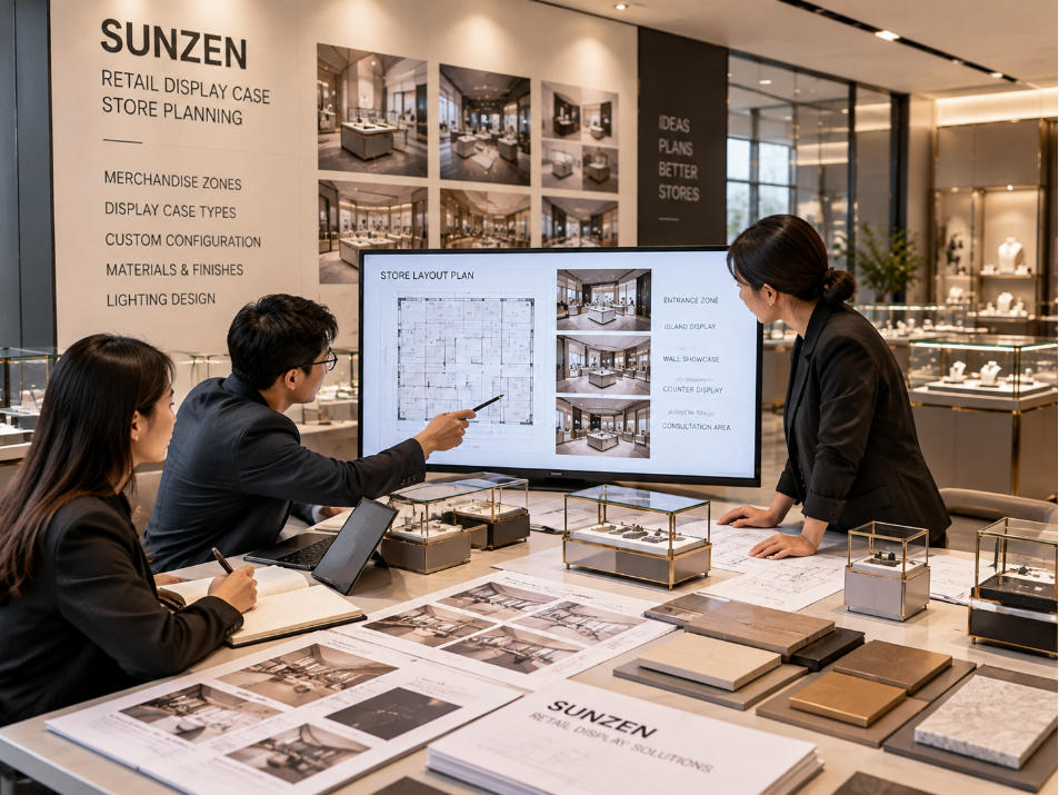 Retail display case supplier planning merchandise zones customer sightlines staff access and display case types for a branded store
