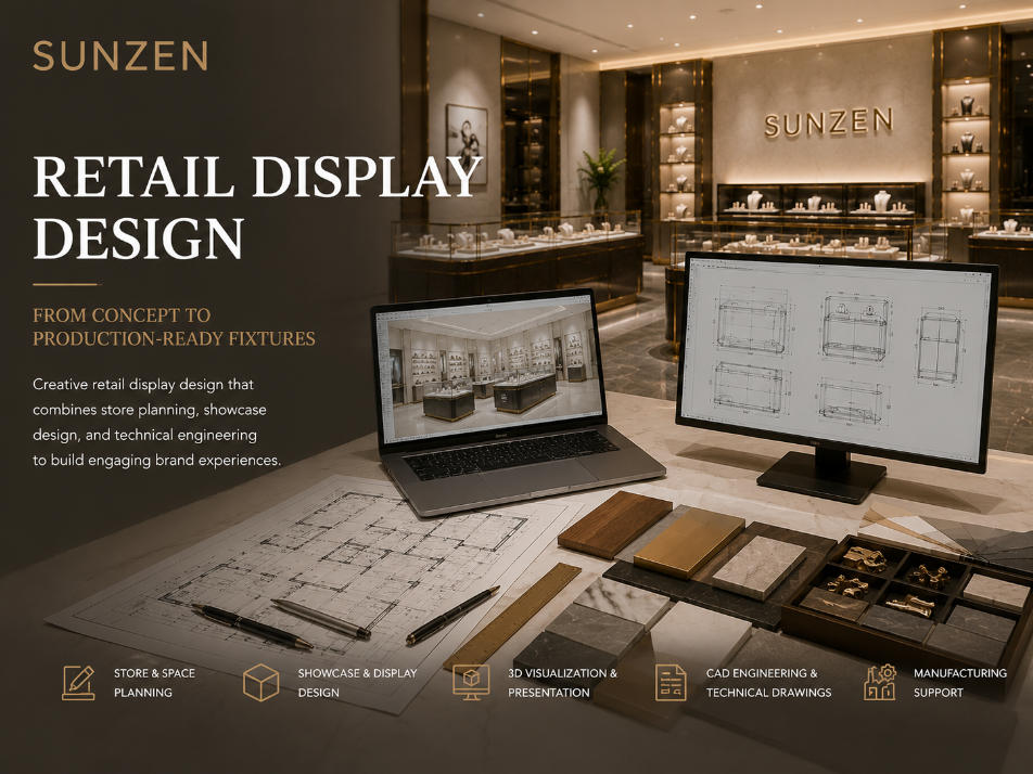 Showcase design and custom showcase design with 3D visualization CAD engineering and material development