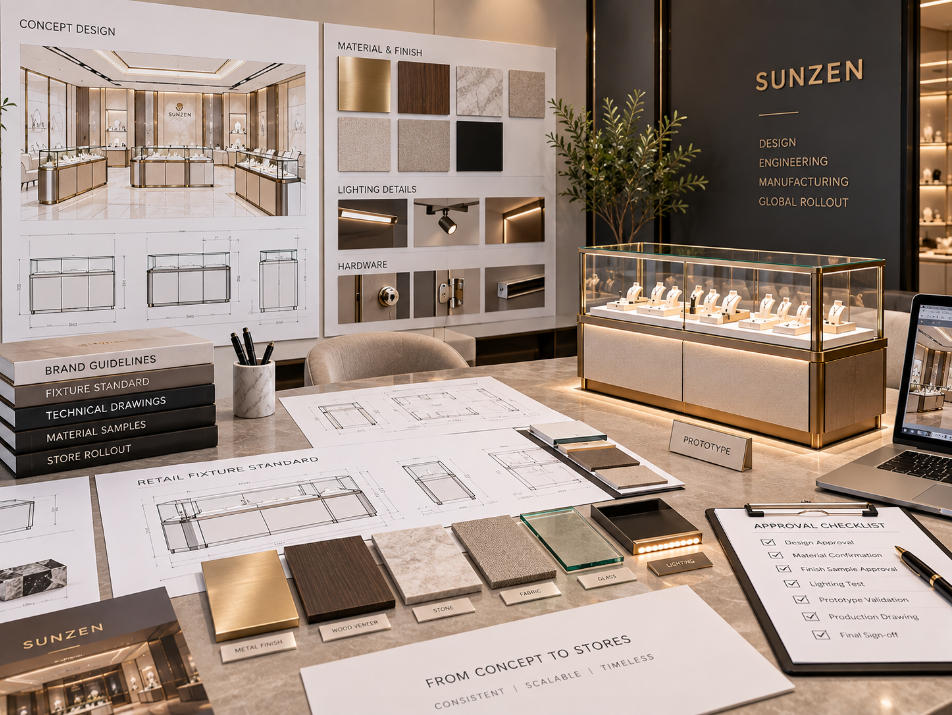 Approved custom retail fixture standard with drawings material samples finish references lighting details and prototype validation