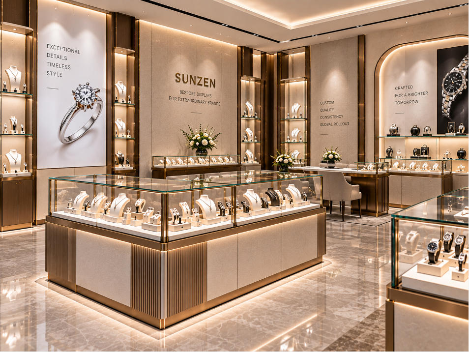 Glass display cases and showcases integrated with custom retail fixtures in a premium branded store environment