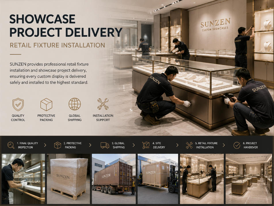 Retail fixture installation and showcase project delivery including packing shipping site installation and project handover