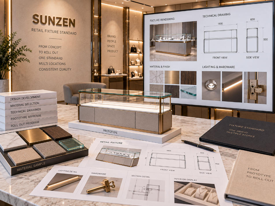 Approved retail fixture standard with prototype drawings materials finishes lighting and construction details prepared for multi store rollout