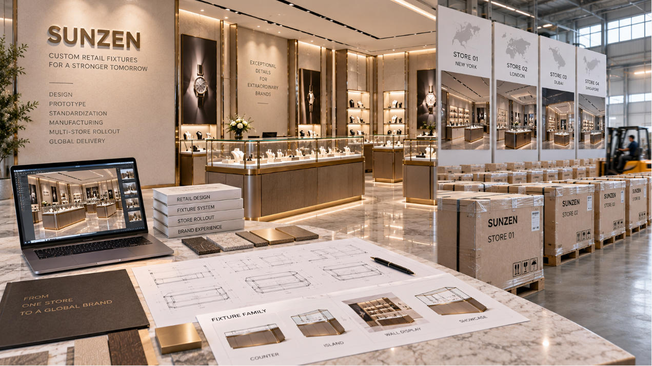 Retail fixture rollout program producing consistent custom store fixtures for multiple retail locations with controlled standards and store variations