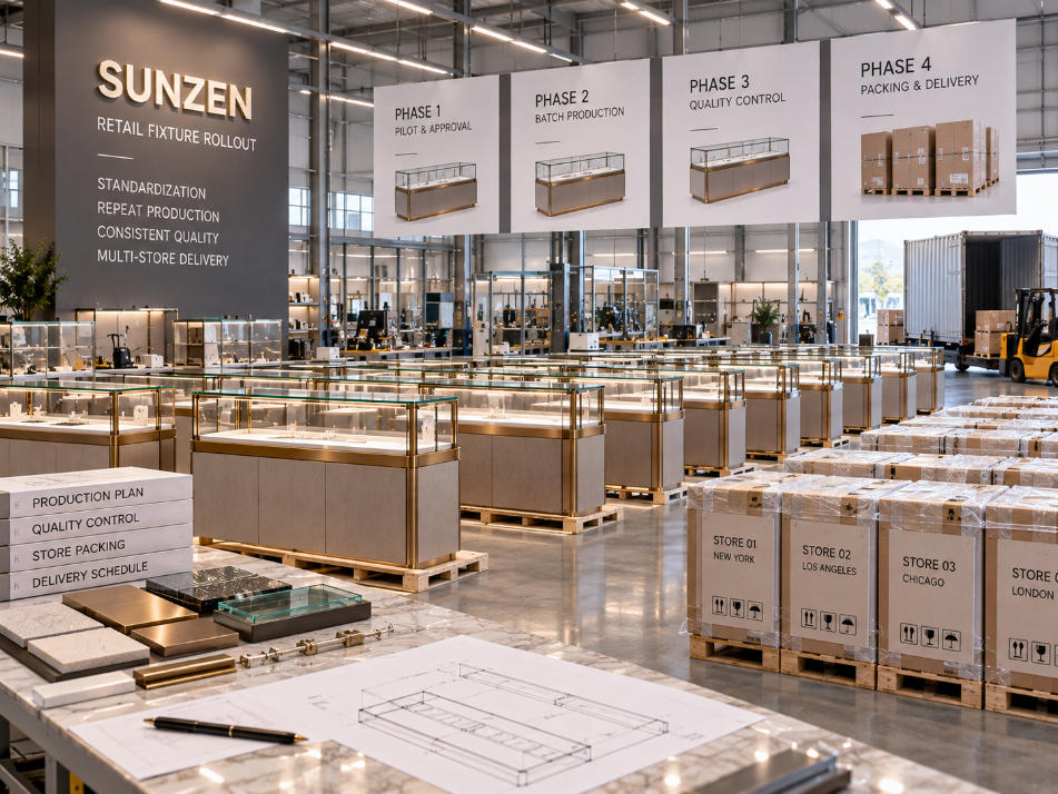 Retail fixture rollout production organizing jewelry store fixtures by approved references quantities production batches and store requirements
