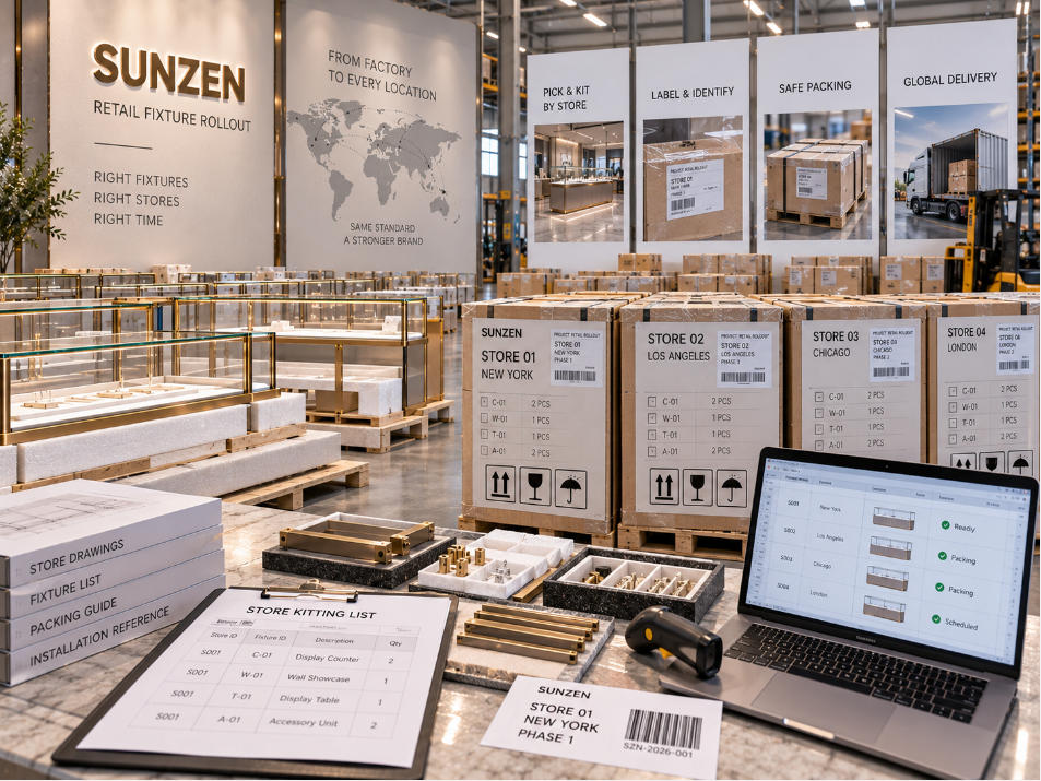 Retail fixture rollout store specific kitting with fixture IDs quantities store numbers destination labels and phased shipment references