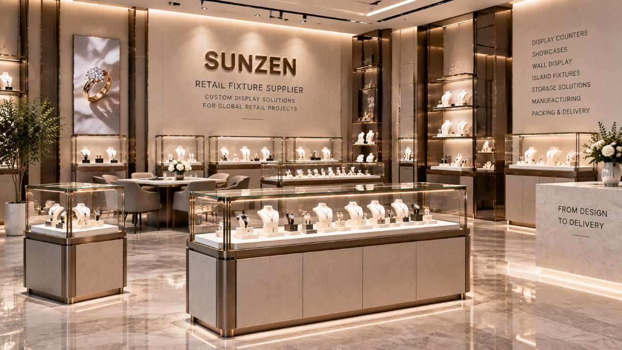 Retail fixture supplier coordinating custom counters showcases wall displays islands storage fixtures manufacturing packing and project delivery