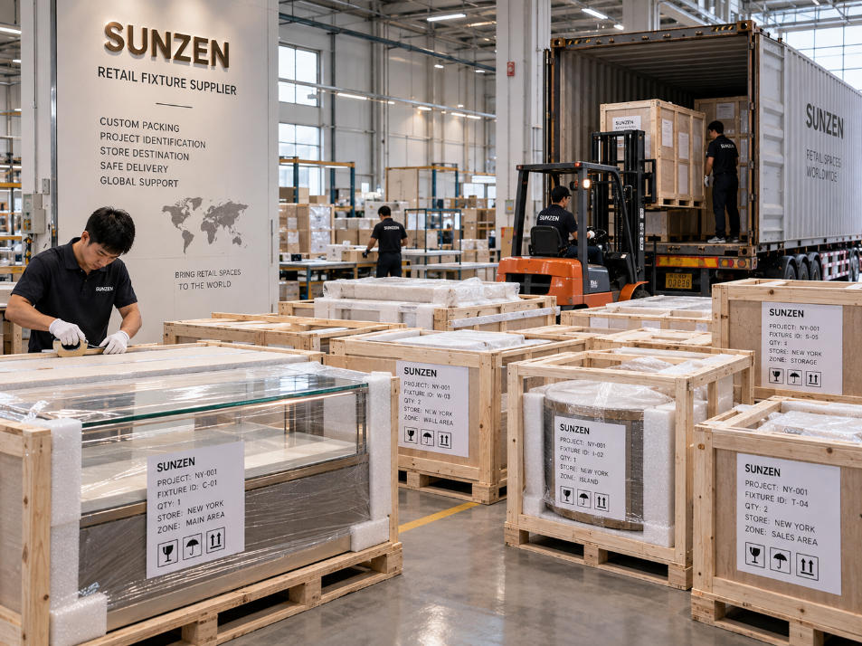 Retail fixture supplier packing custom store fixtures by fixture ID store zone quantity and destination for commercial project delivery