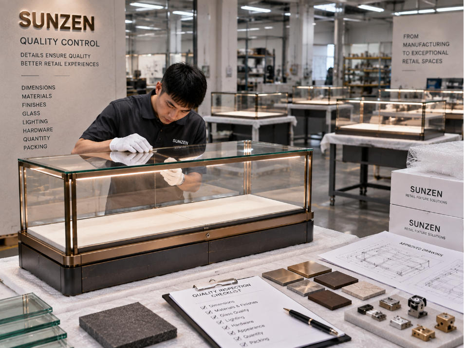 Retail fixture supplier quality control checking custom counters showcases wall fixtures materials quantities and approved project specifications
