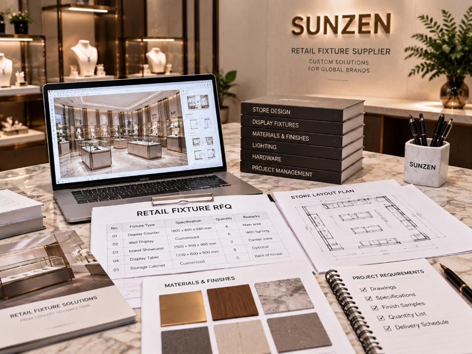 Retail fixture supplier RFQ package with store drawings fixture list specifications quantities materials finishes and delivery requirements