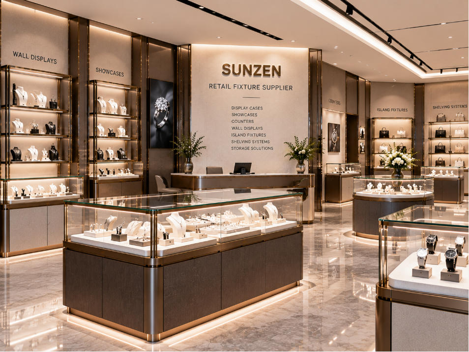 Retail fixture supplier coordinating glass display cases showcases counters wall displays and other store fixtures within one project