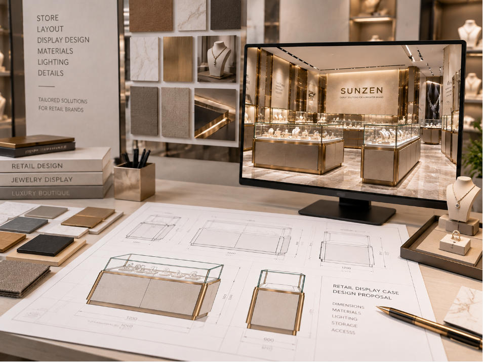 Retail glass display case design coordinated with store layout product presentation lighting and customer circulation