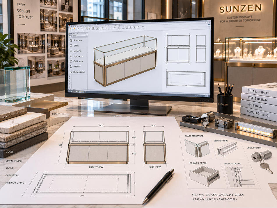 Retail glass display case CAD engineering with dimensions glass lighting storage hardware and production details