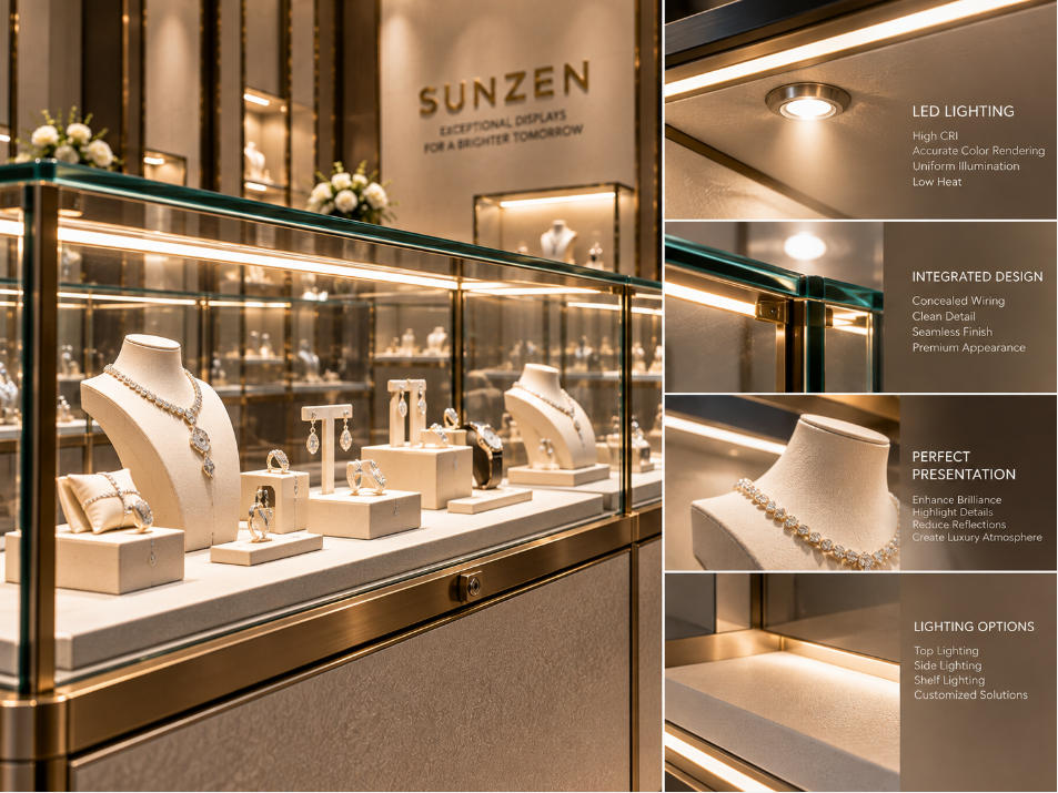 Integrated LED lighting inside retail glass display cases for jewelry and luxury product presentation