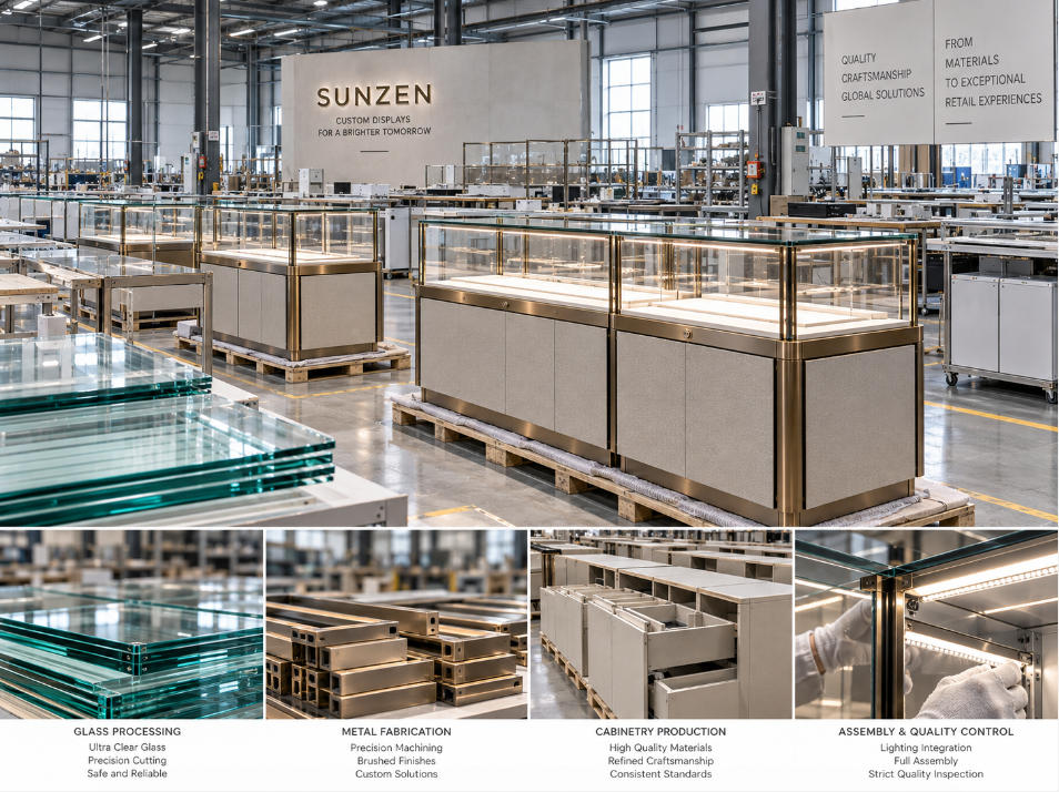Retail glass display case manufacturing with glass metal cabinetry lighting assembly and quality control