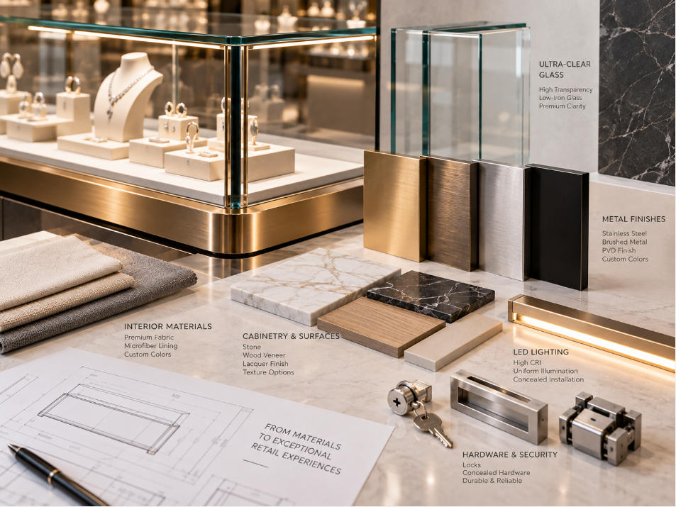 Retail glass display case materials including ultra clear glass metal finishes cabinetry stone and premium interior surfaces