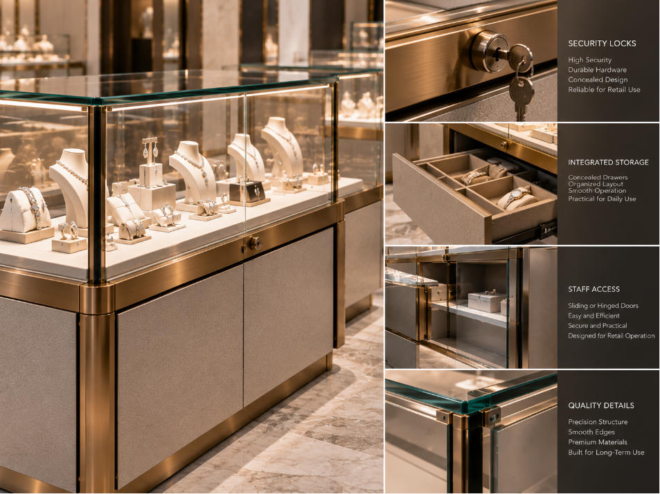 Retail glass display case with secure locks concealed drawers storage and practical staff access