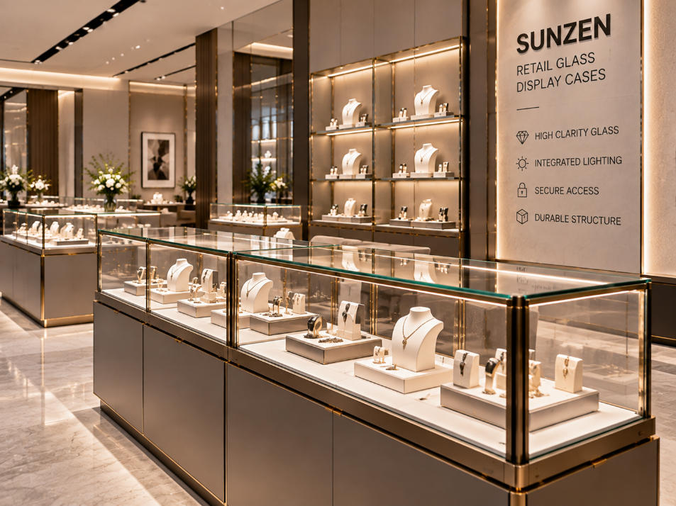 Retail glass display cases designed for clear merchandise visibility integrated lighting secure access and daily store operation