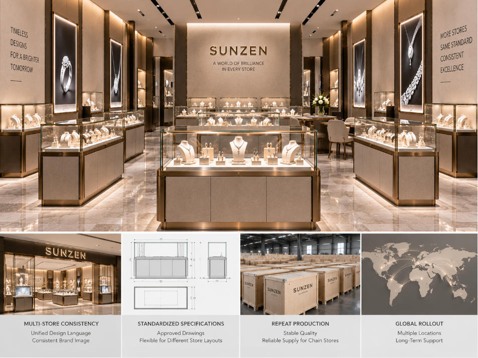 Standardized retail glass display cases developed for jewelry chain stores and multi location retail rollout