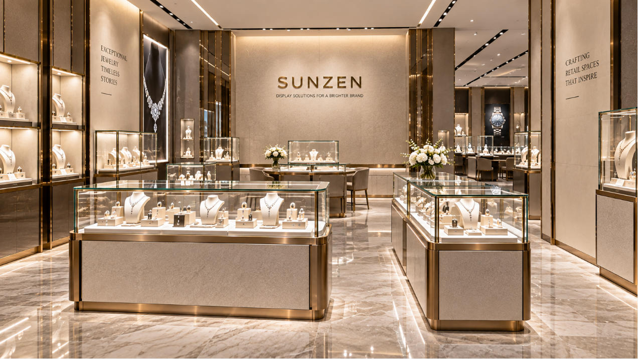 Retail glass display cases designed for jewelry brands luxury boutiques and commercial retail stores