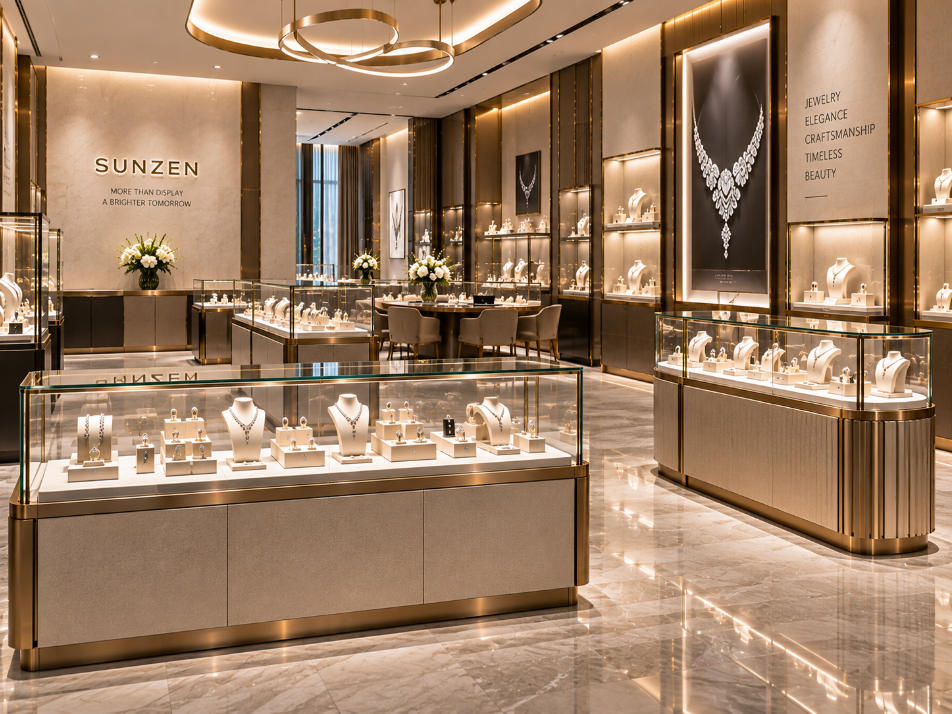 Retail glass display cases for jewelry brand store with counters islands wall showcases and premium lighting