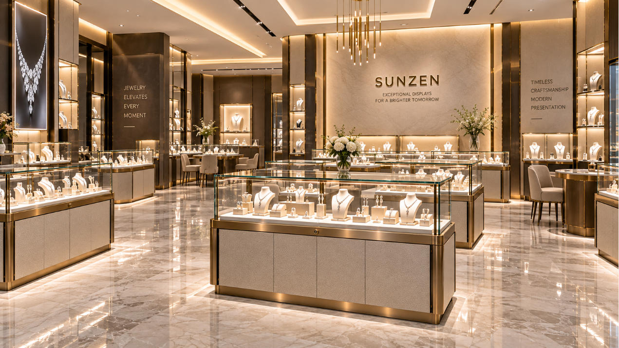 Completed luxury retail store project with coordinated glass display cases counters islands and wall showcases