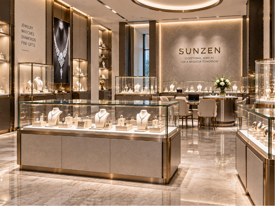 Retail glass display cases integrated into premium jewelry and luxury retail store environment