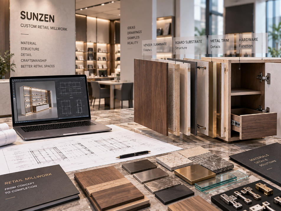 Custom retail millwork design breakdown showing finished cabinetry substrates panels joinery hardware metal glass and material layers