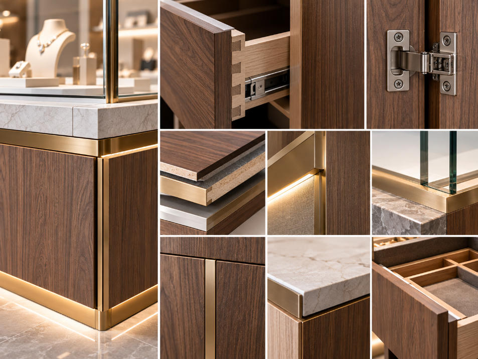 Retail millwork fabrication details showing precision cabinet joints veneer alignment recessed metal trims doors drawers and integrated lighting